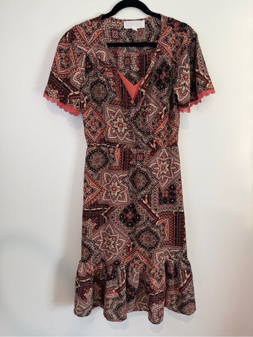 superfoxx Coral Pink Paisley Patchwork Faux Wrap Ruffle Midi Dress S 9226W1696S